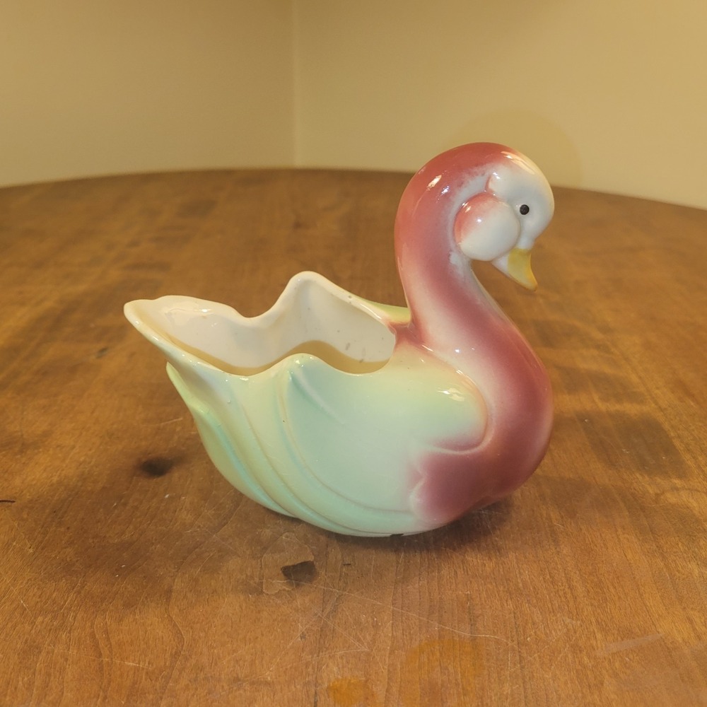 Vintage Burgundy Green Pottery Swan Planter 6" x 5" Succulents Unmarked Gift MCM
